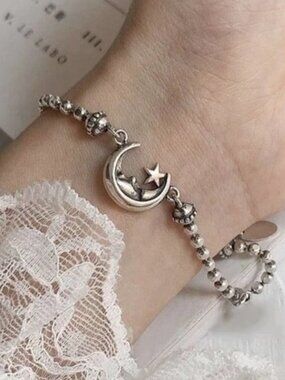*925 Sterling Silver Vintage Moon Star Bracelet